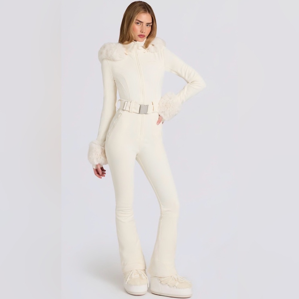 Women's Ivory Ski Jumpsuit with Faux Fur Trim